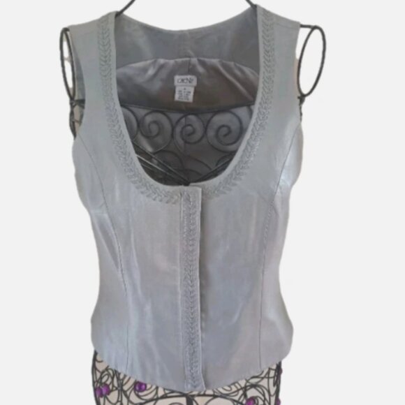 Vintage Cache' Soft Genuine Leather Zipped Front Vest Braided Trim Size 4 Grey - Picture 12 of 17